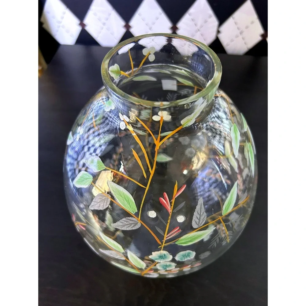 Anthropologie Bella Handpainted Floral Glass Vase Large 9.5 Inch